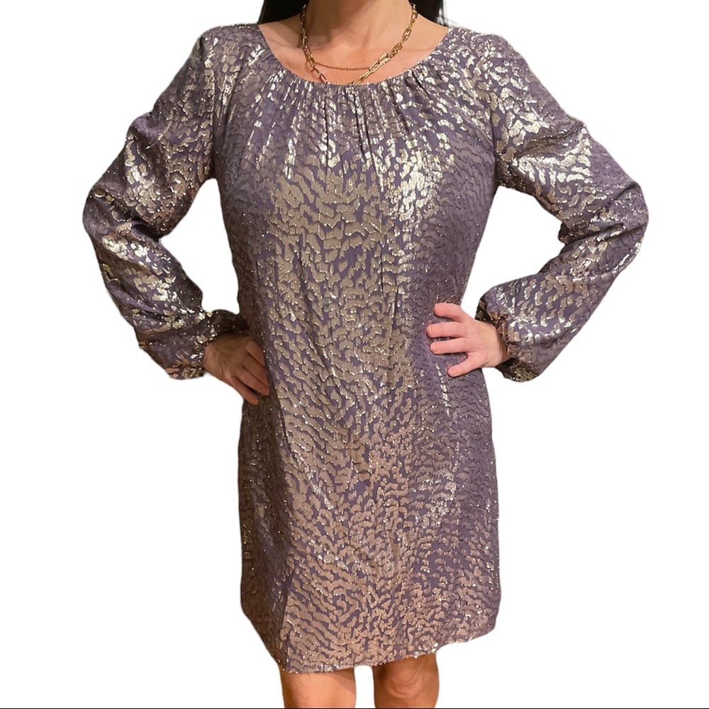 Shoshanna Metallic Leopard Print Long Sleeve Mini Cocktail Dress